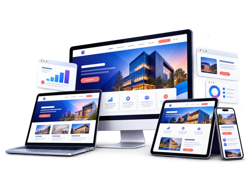 Responsive website design shown across desktop, tablet and mobile devices